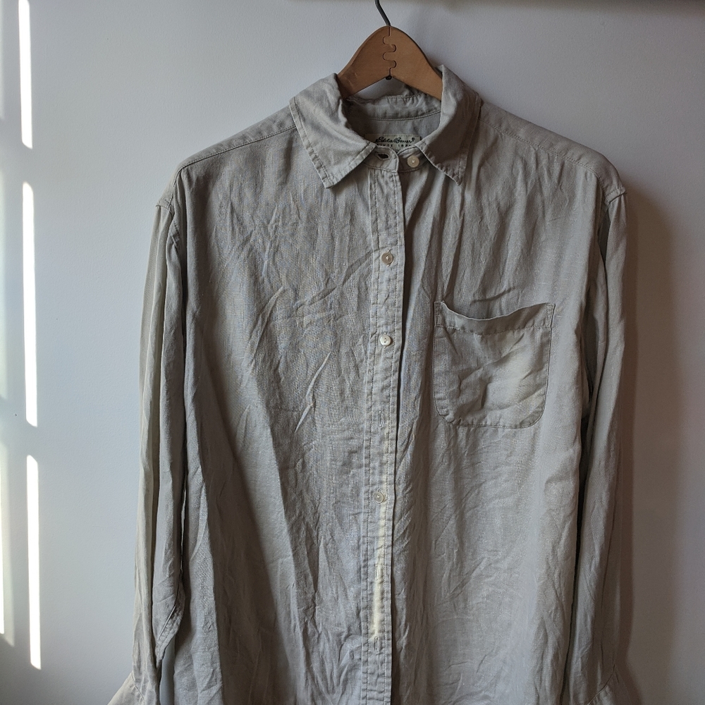 100% Linen Khaki Eddie Bauer Button-Down M
